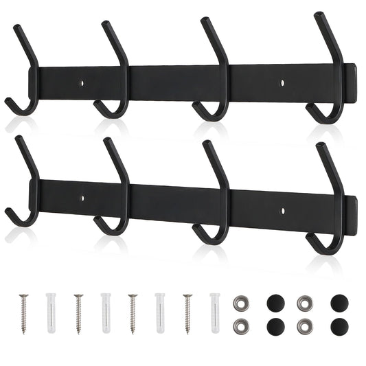 Qiannhee 43CM Black Hook Rack Up to 40KG Heavy Duty Stainless Steel Wall-Mounted Coat Rack 4 Hooks Coat Hooks Children for Bathroom Kitchen Jackets Entryway, 2 Pieces