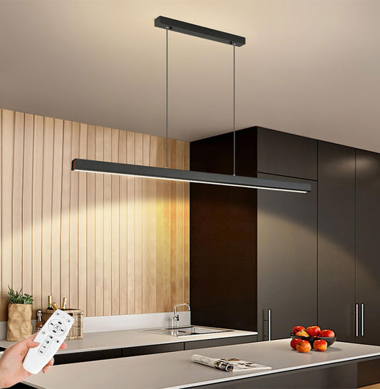 SENFAY 120cm LED pendant light dining table dimmable, pendant light black with remote control, 48W modern linear design pendant light, dining table lamp hanging adjustable height for dining room kitchen office
