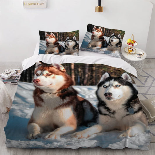 Bedding 135×200 3D Digital Print 2-piece Husky Dog Bedding Sets Children Microfiber with Zipper Animal Pattern Soft Boys Girls Bedding Duvet Cover with Pillowcase 80x80 cm