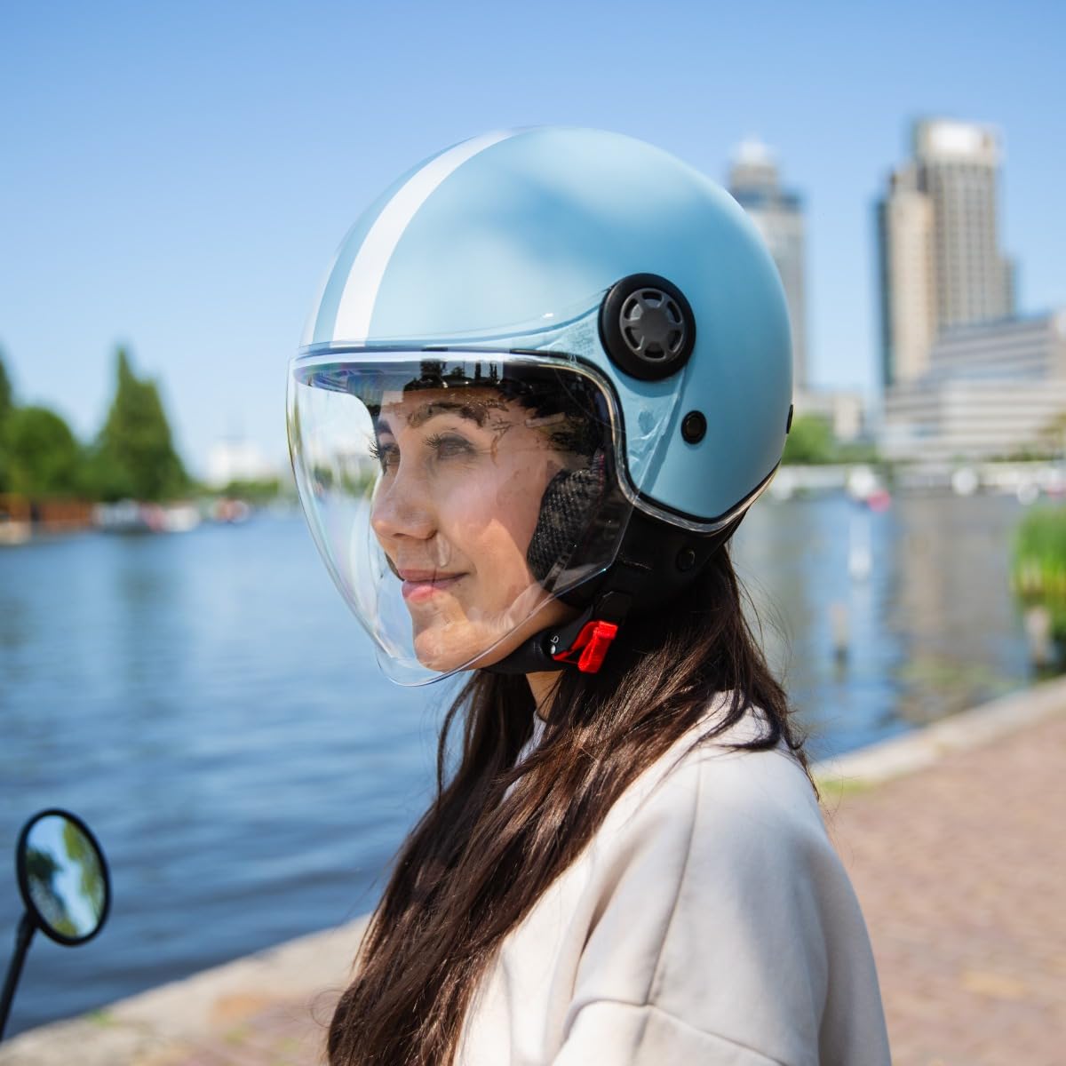 VINZ Parchi Jet Helmet with Double Visor | Scooter Helmet Fashion Helmet with Stripes | Available in sizes XS-XXL | Jet Helmet with Sun Visor | ECE 22.06 Certified | Motorcycle Helmet with Visor - Light Blue