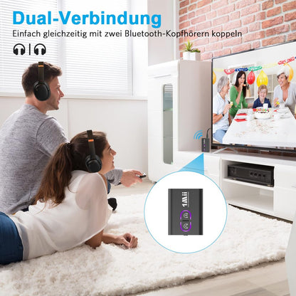 1Mii ML300 Bluetooth 5.3 Transmitter Receiver 2 in 1, aptX Low Latency and Adaptive, Dual Link Bluetooth Adapter for 2 Headphones, Audio Transmitter Jack for TV, Airplane, Fitness, Stereo System, 15h Battery