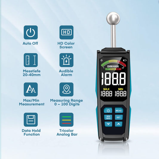 Moisture meter, DURFICST 3-inch HD color large-screen moisture meter with fabric bag, 20-40mm depth analysis moisture meter, for all building materials, wood, walls, plaster, masonry