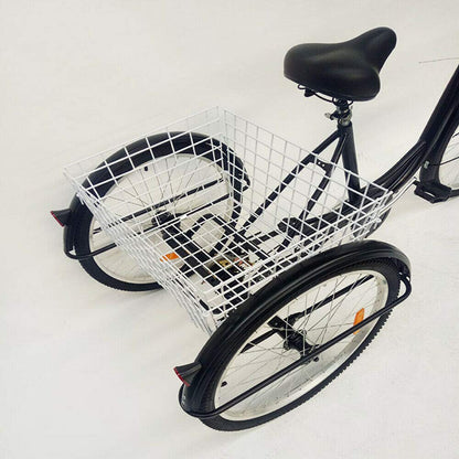 24"3 wheel tricycle for adults with light, 6-speed bike, shopping basket trike pedal bike, for outdoor shopping picnic (black)