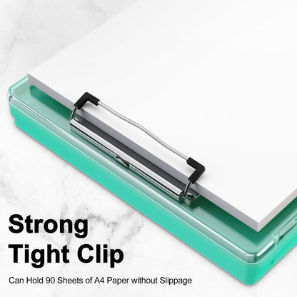 Piasoenc Clipboard with Storage, Clipboard with 2 Storage Boxes and A4 Paper Holder, clear, dry-erase surface, durable plastic, folio & side opening.