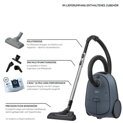 AEG CLEAN 6000 Bagged Vacuum Cleaner, High Suction Power, incl. Additional Nozzles, 50% Recycled Plastic, Ideal for Pet Owners, Cleaning Upholstery, 12m Cord, 850W, Blue, AB61C2DB