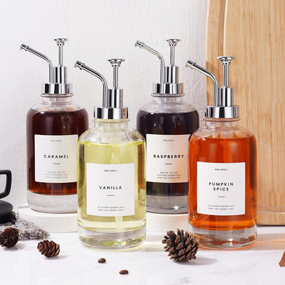 MoliMoli coffee syrup dispenser for coffee bar, coffee pump dispenser, glass syrup bottle with pump, maple/coffee syrup bottles, syrup dispenser 4-piece set, with labels, silver.
