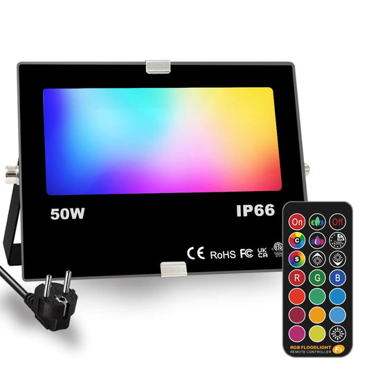 Outdoor LED floodlight, color-changing 50W, DIY flash mode, RGB floodlight with 12 colors, timer, includes remote control, IP66 waterproof.