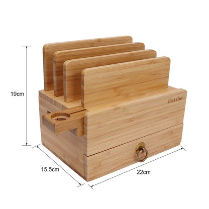 iCozzier 4 Slot Detachable Bamboo Watch Stand With Drawer Charging Station for Multiple Devices Dock for iWatch, Smartphones, Tablets, Laptops