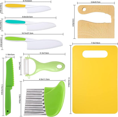 Leking 8-Pcs Wooden Children's Kitchen Knife, Plastic Children's Knife Set includes Wooden Child Safe Knife, Serrated Edge Plastic Knife, Potato Cutter, Sandwich Cutter, Y Peeler, Cutting Board