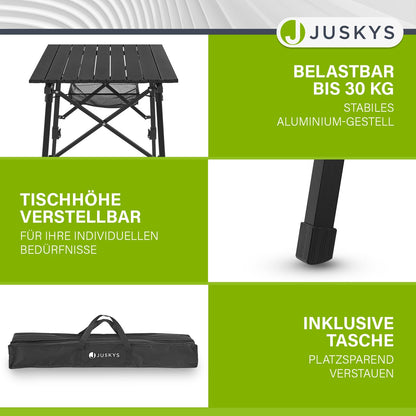 Juskys Camping Table Picco - Aluminum table 90 x 52 cm light, foldable, adjustable height - Camping, garden - Outdoor folding table - Garden table Black