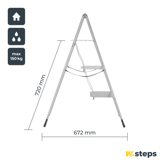 Aluminum folding step ladder Vikingstep Maxi by W.Steps 720mm high Load capacity up to 150kg Compact 2-step aluminum folding step ladder Only 35mm wide 728143