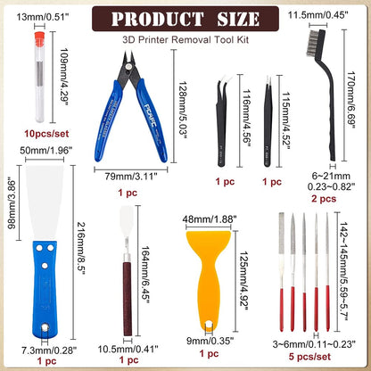 OLYCRAFT 23-piece 3D printer nozzle cleaning and removal tool set includes spatula knives, wire brush, scraper knives, diamond files, and tweezers for 3D printer cleaning.