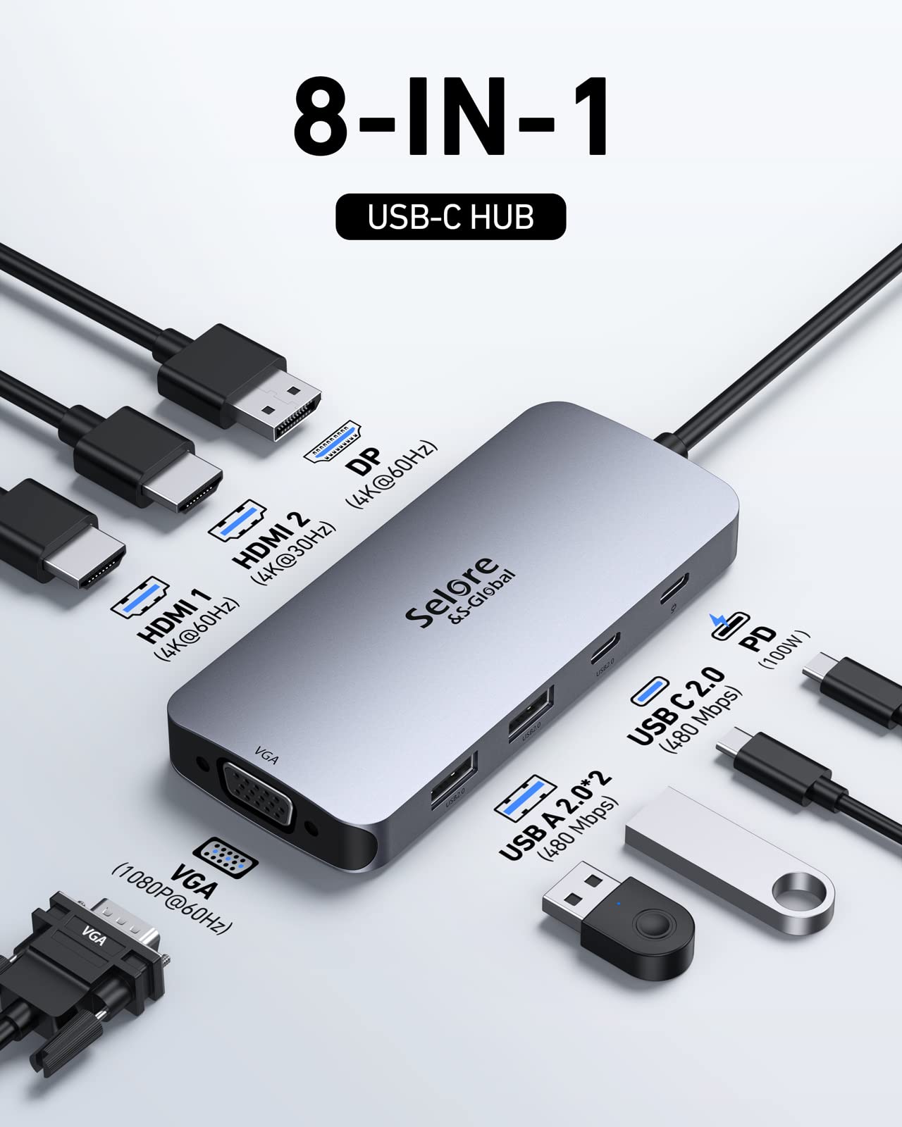 Docking Station 2 Monitor, USB C Hub 8 in 1 Laptop Docking Station DisplayPort Adapter with Dual 4K HDMI DP VGA PD100W USB 2.0 USB C data, USBC Multi Monitors compatible with Dell Thinkpad Huawei.