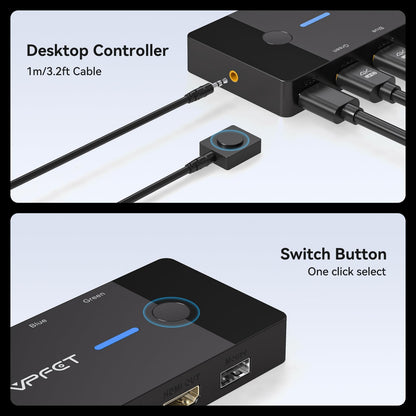 AILVLVNG HDMI KVM Switch allows 2 PCs to share 1 monitor at 4K@60Hz resolution. Comes with desktop controller and 2 USB cables for easy plug and play setup. Share a monitor and keyboard/mouse between two computers.