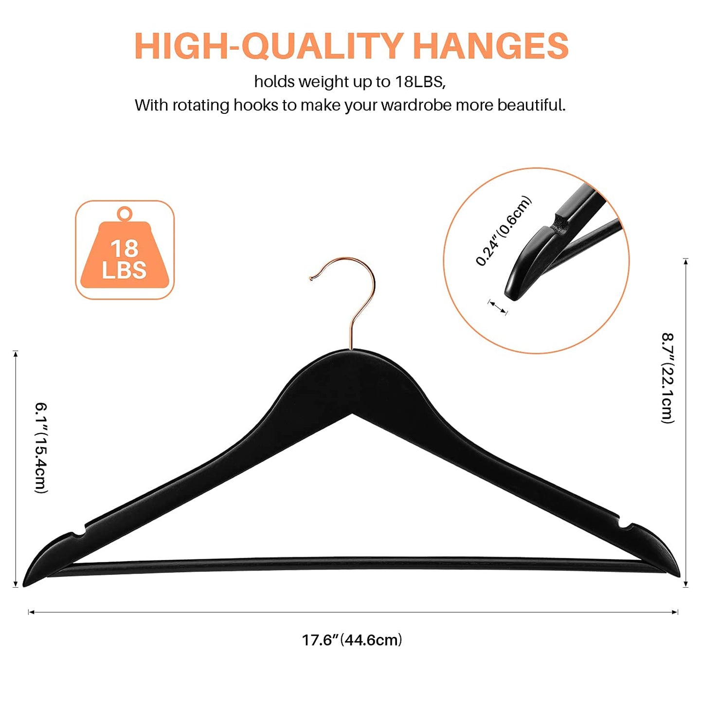 HOUSE DAY Wooden Hangers, 20 Pack Wood Hangers, Black Suit Hangers, 360° Swivel Hook in Rose Gold, Non-Slip, Shoulder Notches.