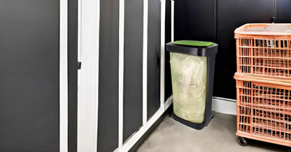 Yellow Bag Stand with swinging lid, sturdy kitchen trash can for 70-120L garbage bags, perfect for collecting deposit bottles, high-quality trash bag stand for household and commercial use.