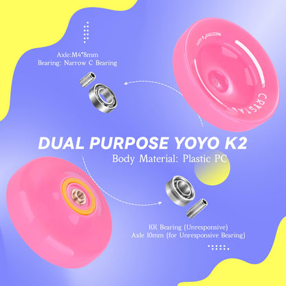 YOSTAR Yoyo K2 Crystal, dual-purpose JoJo for kids and adults, responsive and unresponsive YoYo, trick Jo-jo for finger spins, plastic Jo Jo toy with 12 strings, bearing kit