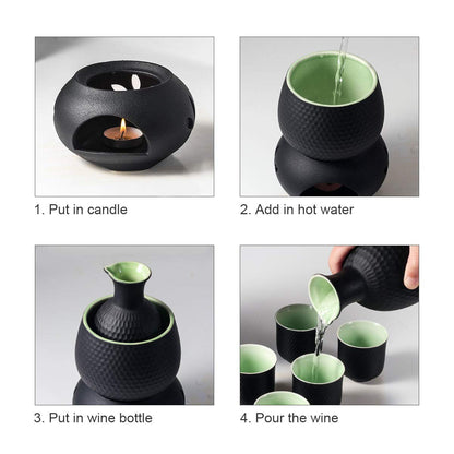 Sake set and cups with warmer and gift box, traditional Japanese porcelain for hot sake drinks, 9 pieces, including 1 stove, 1 warming tray, 1 sake bottle, 6 cups