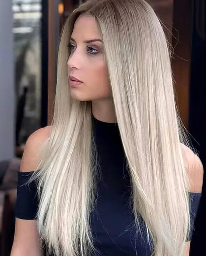 PORSMEER Ombre Blonde Wig Long Straight Lace Front Wigs for Women/Girls Natural Synthetic Brown Blonde Mix Wig for everyday wear or costume.
