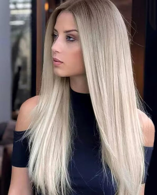 PORSMEER Ombre Blonde Wig Long Straight Lace Front Wigs for Women/Girls Natural Synthetic Brown Blonde Mix Wig for everyday wear or costume.