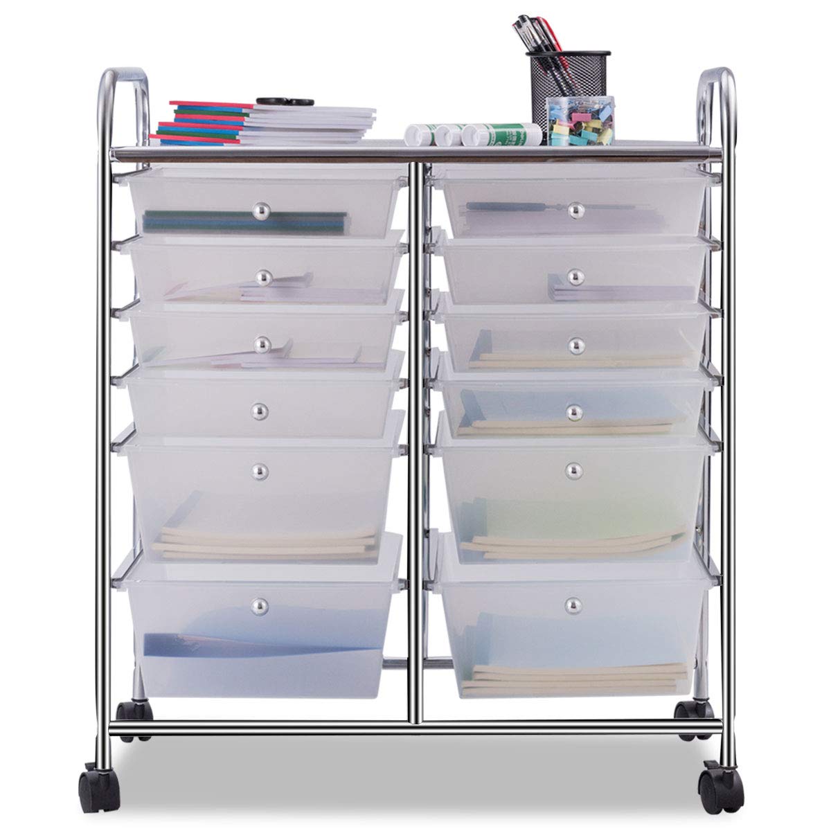 COSTWAY rolling cart with 12 stackable drawers, drawer cart with metal frame and shelf, bathroom cart storage cart for office, living room (Transparent)