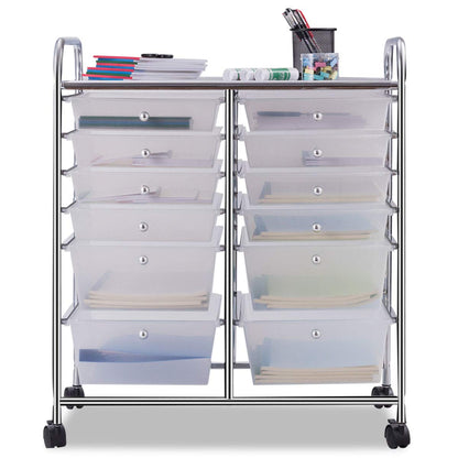 COSTWAY rolling cart with 12 stackable drawers, drawer cart with metal frame and shelf, bathroom cart storage cart for office, living room (Transparent)