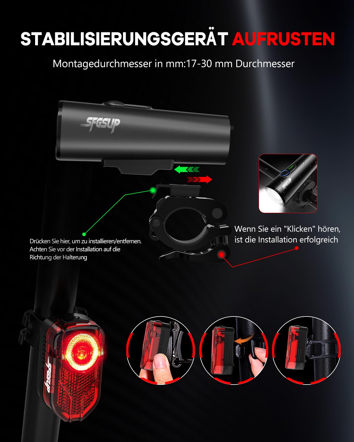 SFGSUP LED Bike Light Set, StVZO Approved Front & Rear Bike Lights, Bike Light Set USB Rechargeable, IPX5 Waterproof Bike Lamp