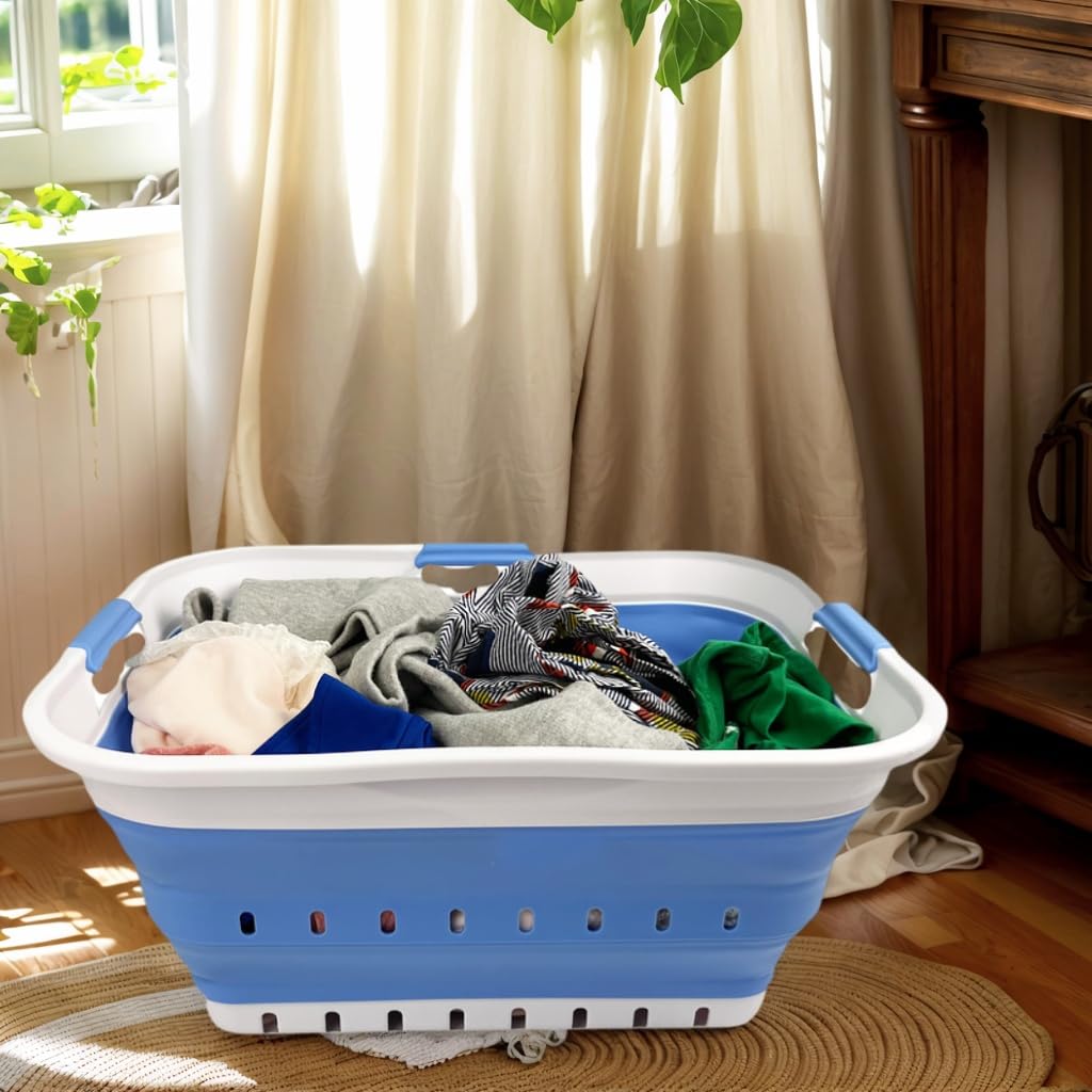 SAMMART 42L Plastic Foldable Laundry Basket - Foldable Pop-Up Storage Container/Organizer - Portable Laundry Hamper - Space-saving (1, White/Little Boy Blue)