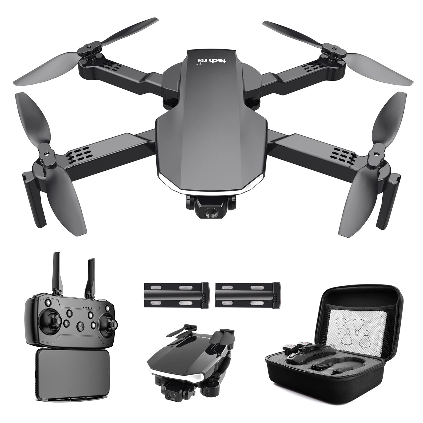 Tech RC drone with 1080P HD camera and carrying bag for adults. Outdoor RC quadcopter, foldable drone with remote control, 2 batteries for 26 min. flight time. WiFi photo live video transmission for beginners.