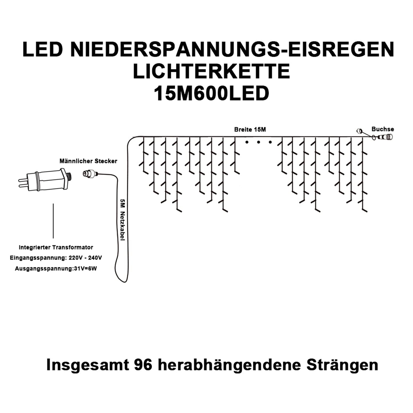 Outdoor icicle light string, 15m 600 LED light curtain with timer, IP44 waterproof, 8 modes for indoor and outdoor Christmas, bedroom, party, wedding, balcony, garden decoration.