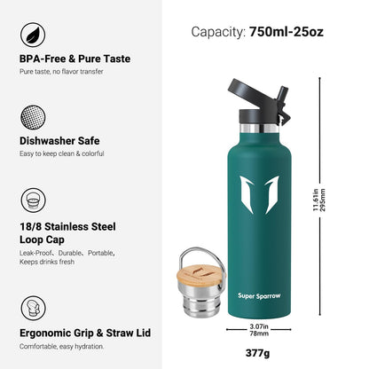 Super Sparrow stainless steel water bottle - 750ml - insulated bottle Perfect thermos for running, fitness, yoga, outdoor and camping | BPA free