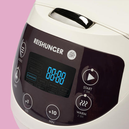 REISHUNGER Digital Rice Cooker Small, White | 0.6 L for 3 people | Keep Warm Function, Timer & Premium Pot | Small Multi-Cooker & Steamer, 8 Programs, 7-Phase Technology