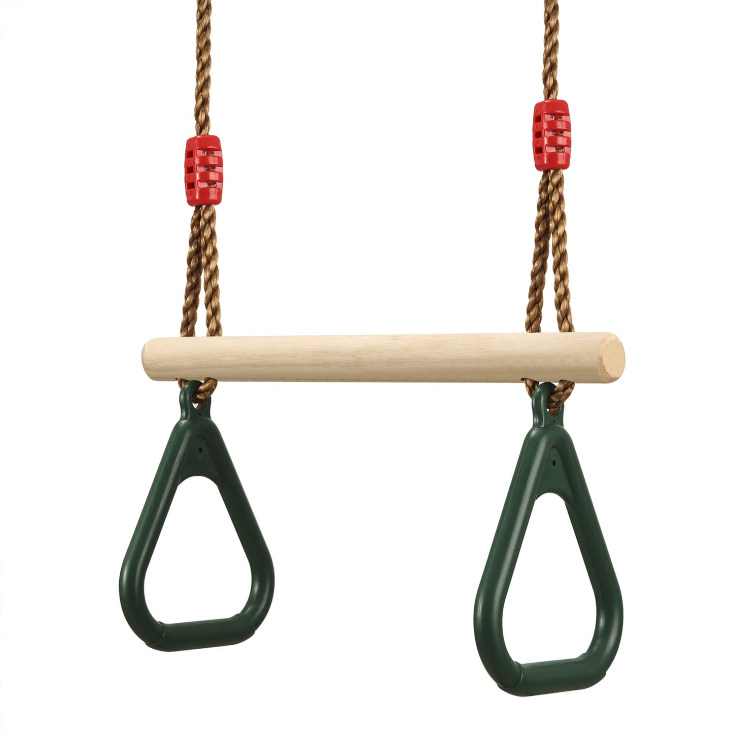 PELLOR Multifunction Kids Wooden Trapeze Swing with Plastic Gymnastic Rings for Hanging, Load Capacity up to 160KG Green