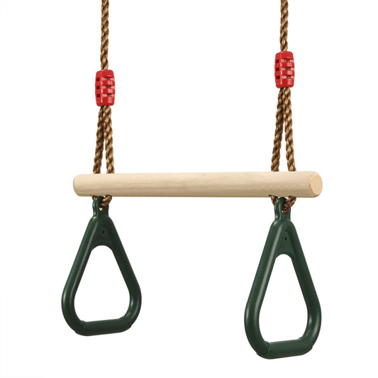 PELLOR Multifunction Kids Wooden Trapeze Swing with Plastic Gymnastic Rings for Hanging, Load Capacity up to 160KG Green