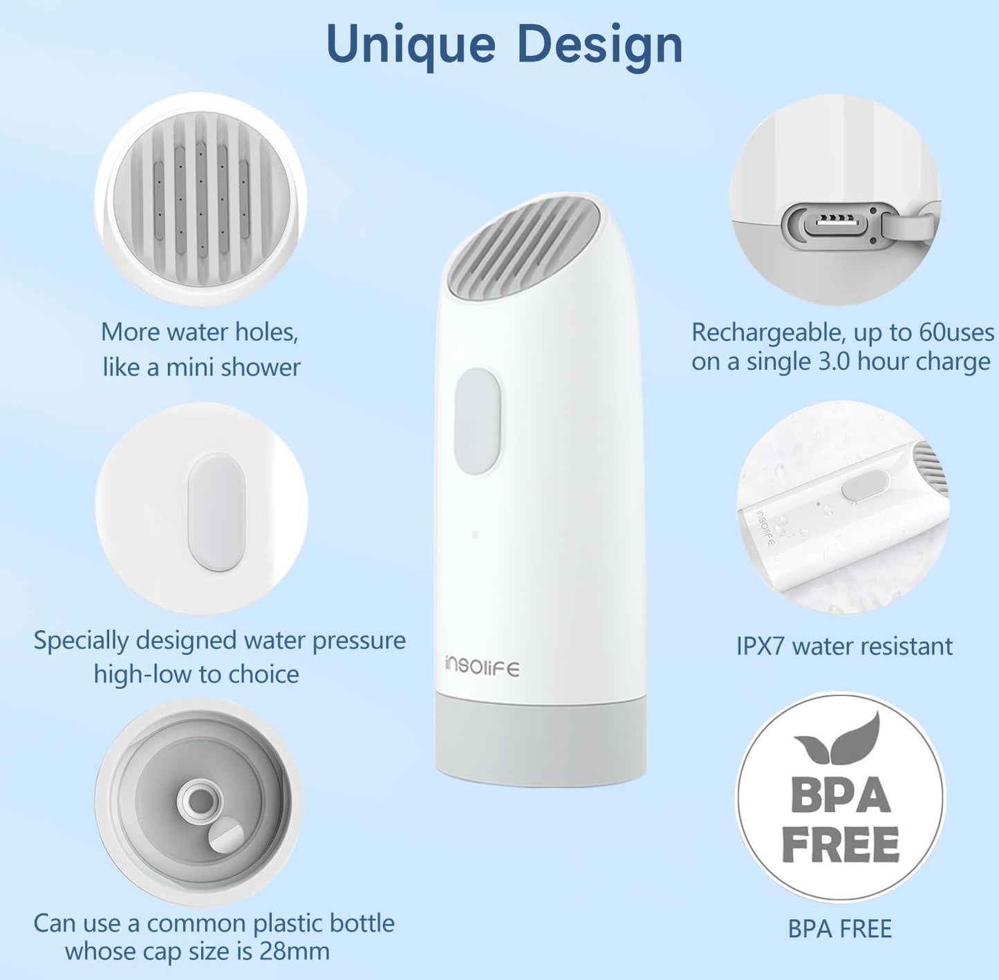 Insolife Portable Travel Bidet Electric, Portable Bidet Sprayer for Hygiene Cleaning, Postpartum & Baby Care, Hemorrhoid Treatment, Portable Bidet with 400 ml Bottle
