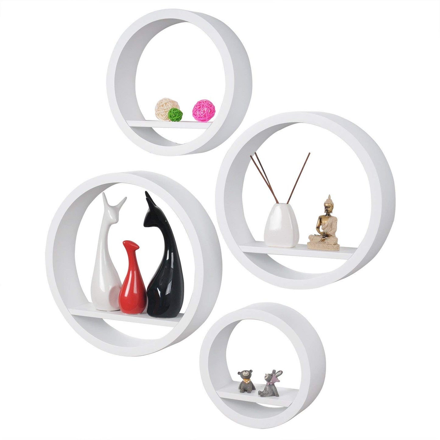 WOLTU wall shelf 4-piece set floating round shelves book, cube hanging shelf wall board, white, for office, living room, bedroom, kitchen, 39.6/34.5/29.5/24.5 cm diameter.