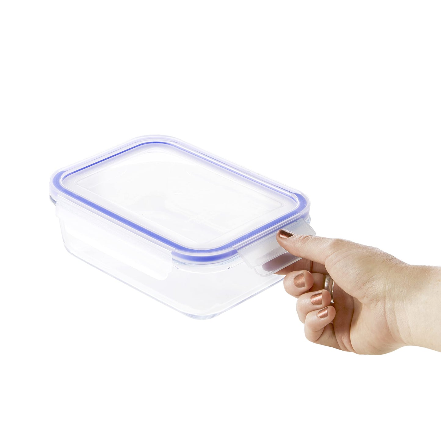 Amazon Basics leak-proof glass containers with locking lids, 20-piece set including 10 containers and 10 plastic lids, transparent, blue, BPA-free.