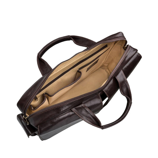 Maxwell Scott - Luxurious men's business briefcase in leather with padded shoulder strap - Handcrafted from Italian full-grain hides - The Lagaro Dark Brown