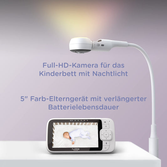 Hubble Connected Nursery Pal SkyView Baby Monitor comes with Camera, 5" Screen, Cot Mount, 7 Colour Night Light, Infrared Night Vision, Two-Way Call, Room Temperature Sensor, and smartphone app.