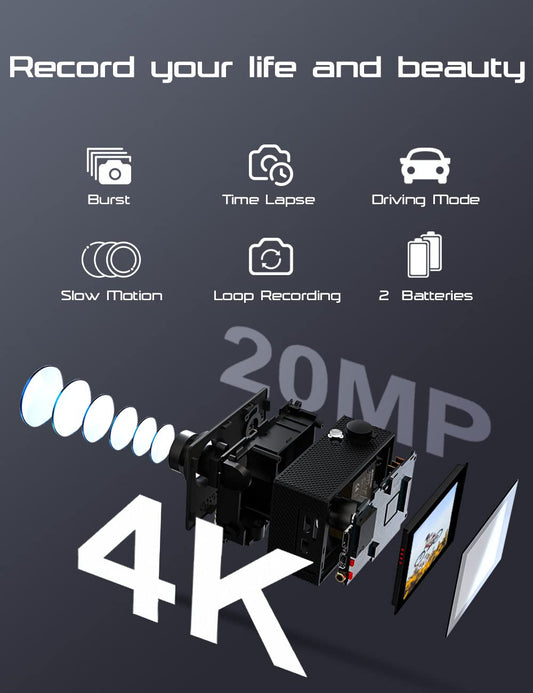 Apexcam M80Air Action Cam 4K30FPS 20MP WiFi Sports Camera Underwater Camera 40m Waterproof 170° Wide Angle 2.4G Remote Control 2x1050mAh Batteries with Accessory Set.