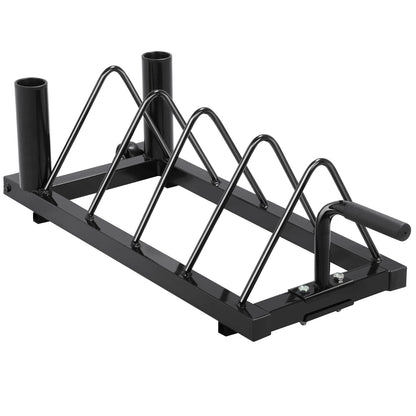 Yaheetech weight plate storage rack with 4 slots and 2 barbell holders on wheels. Supports up to 300 lbs of weight.