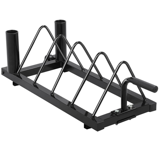 Yaheetech weight plate storage rack with 4 slots and 2 barbell holders on wheels. Supports up to 300 lbs of weight.