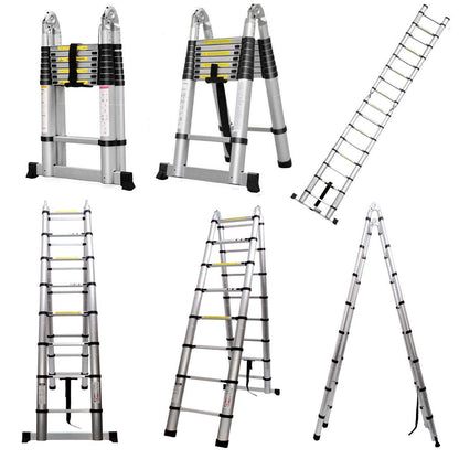 5M telescopic ladder Aluminum ladder Extendable folding ladder 2.5M + 2.5M Telescopic ladder with stabilizer, High multi-purpose ladder, 150 kg capacity