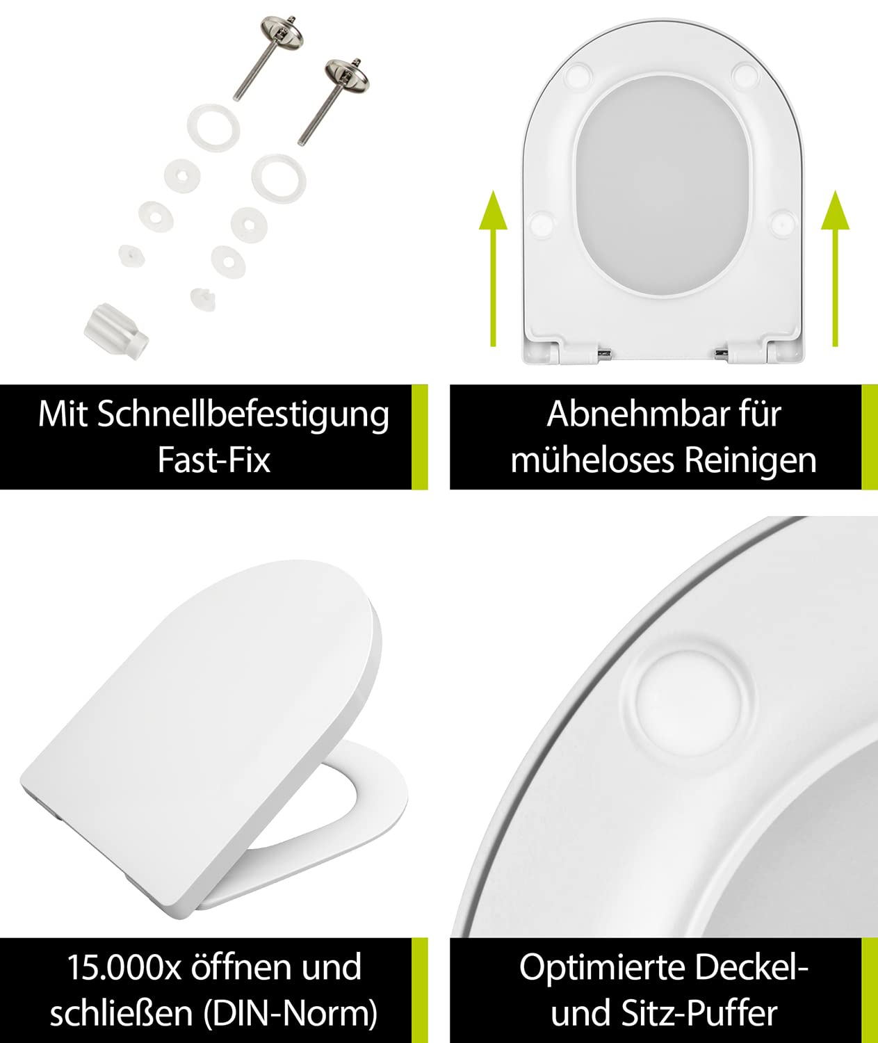 aquaSu® toilet seat with automatic closing mechanism Cubeno in D-shape, white, antibacterial Duroplast toilet seat removable, toilet seat with stainless steel hinges, toilet lid sandwich shape overlapping, 40330 6