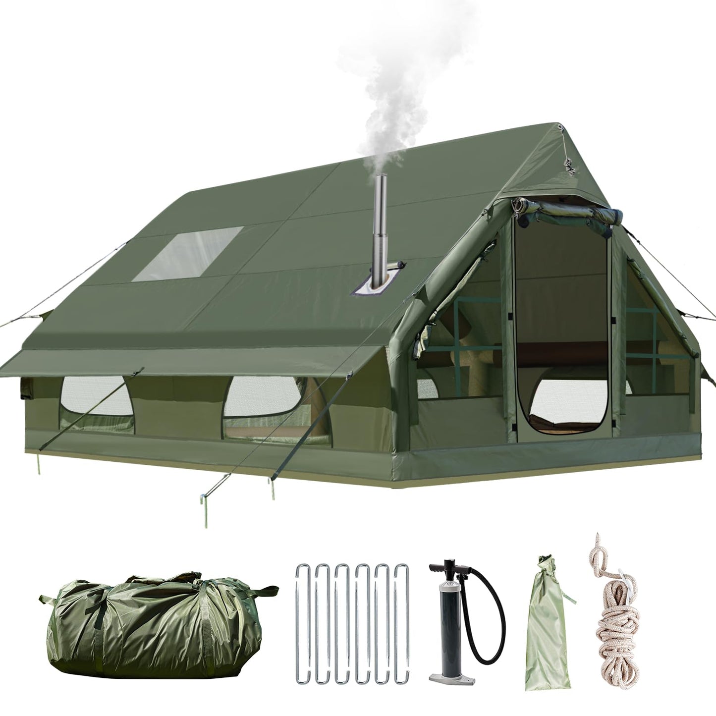 Inflatable camping tent, 420D Oxford Glamping Inflatable tent for camping with fireplace opening & roof window, 4 Season Windproof Anti-UV Oxford Cabin tent with mesh windows & doors for 6-12 people.