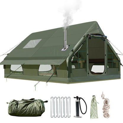 Inflatable camping tent, 420D Oxford Glamping Inflatable tent for camping with fireplace opening & roof window, 4 Season Windproof Anti-UV Oxford Cabin tent with mesh windows & doors for 6-12 people.