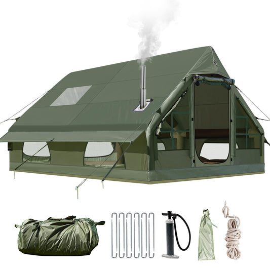 Inflatable camping tent, 420D Oxford Glamping Inflatable tent for camping with fireplace opening & roof window, 4 Season Windproof Anti-UV Oxford Cabin tent with mesh windows & doors for 6-12 people.