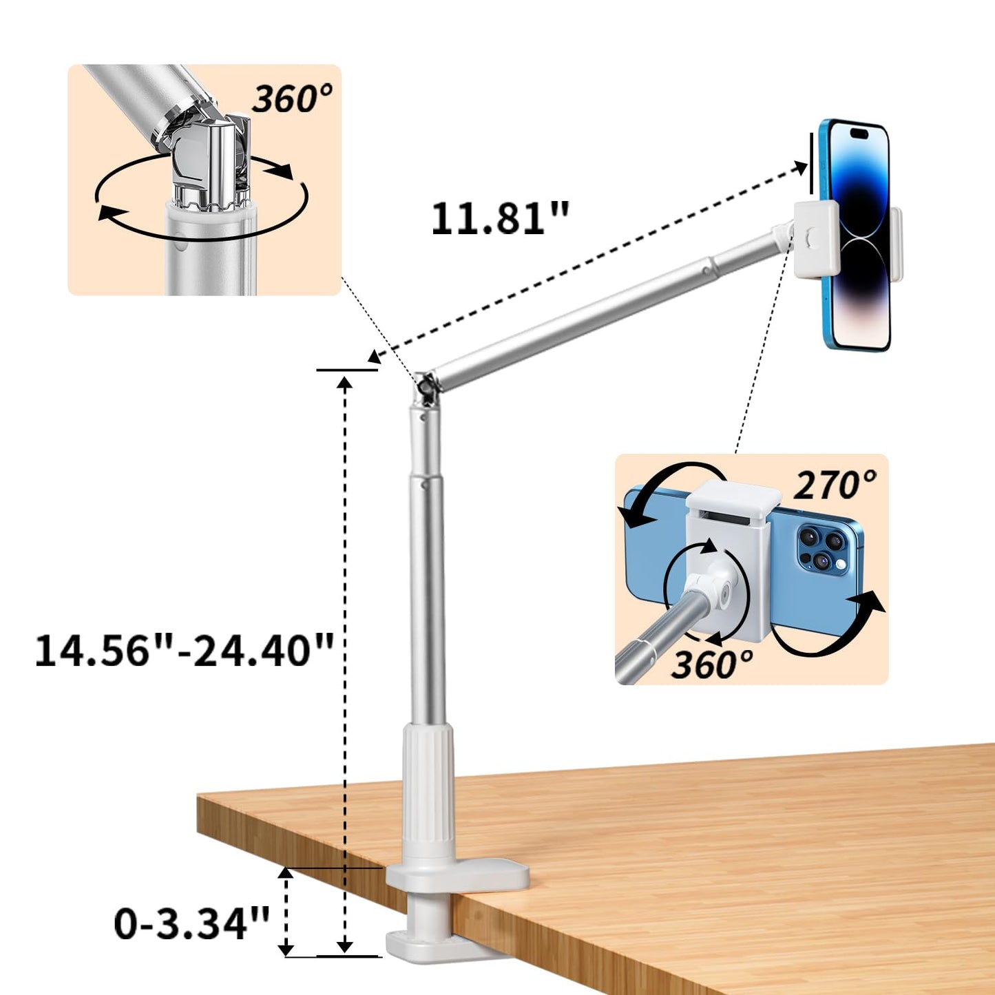 Yayusi overhead tripod phone with ring light, LED ring light with tripod phone, battery-operated dimmable 15 brightness LED tabletop ring light for unboxing video, live streaming, video recording (white)