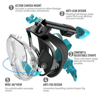 G2RISE® snorkel mask, diving mask, foldable CO2-safe snorkel full face mask with camera mount for kids and adults.