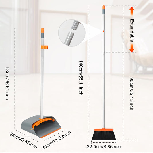 Jekayla Broom and Dustpan Set, broom and dustpan combo with 137cm long extendable handle for household cleaning, orange